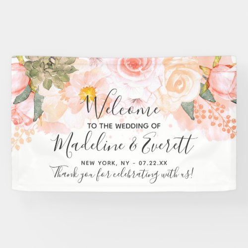 Peach  Mint Succulents Floral Wedding Welcome Banner