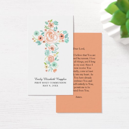 Peach Mint Watercolor Floral Cross Prayer Card (Desk)