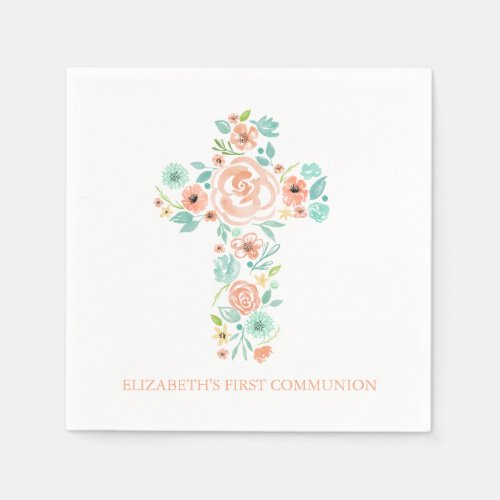 Peach Mint Watercolor Flower Cross First Communion Napkins