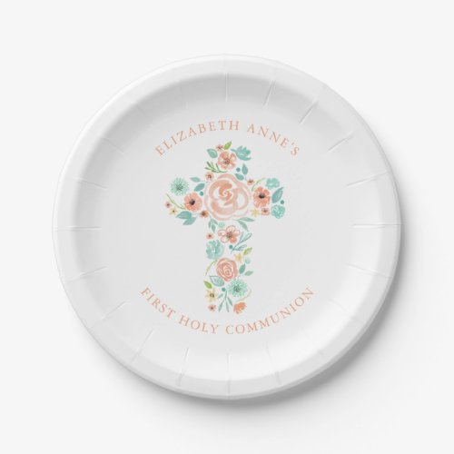 Peach Mint Watercolor Flower Cross First Communion Paper Plates