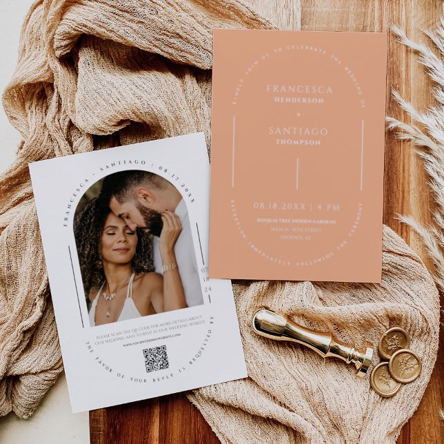 Peach Modern Arch QR Code Wedding Photo Invitation (Creator Uploaded)