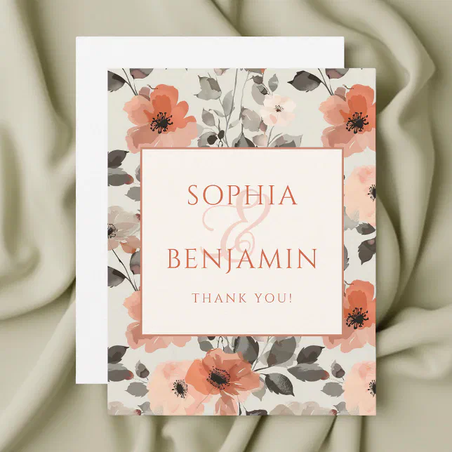 Peach Modern Floral Wedding Thank You Card | Zazzle