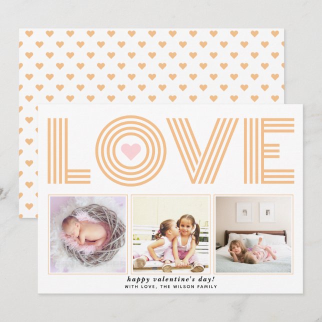 Peach modern LOVE Valentines Day heart photo Holiday Card (Front/Back)