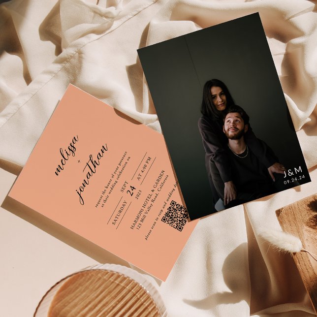 Peach Modern Photo Script Monogram QR code Wedding Invitation (Creator Uploaded)