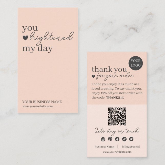 Peach Modern Script QR Code, Thank You Candle Business Card (Front/Back)