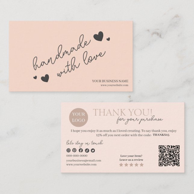 Peach Modern Script QR Code, Thank You Candle Business Card (Front/Back)
