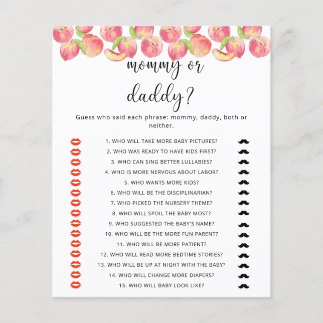 PEACH mommy or daddy baby shower game (Front)