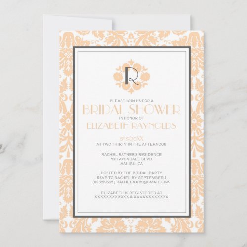 Peach Monogram Damask Bridal Shower Invitations