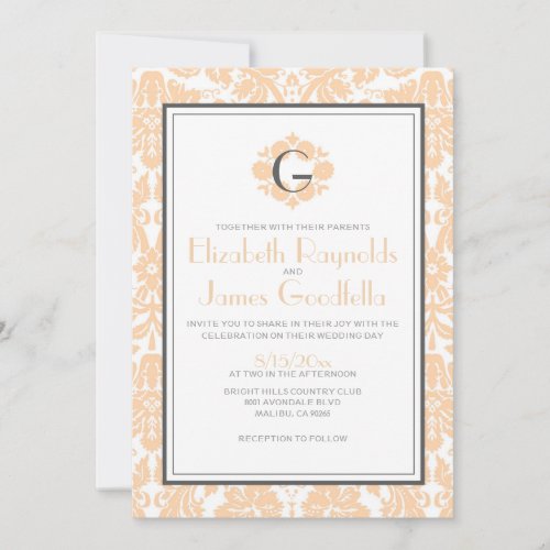 Peach Monogram Damask Wedding Invitations
