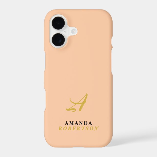 Peach Monogram Gold Initial Black Name Stylish  iPhone Case (Back)