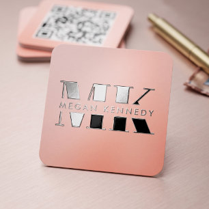 Peach Monogram QR Code Raised Spot UV Business Card