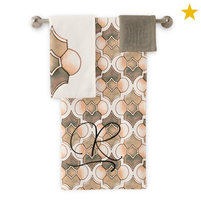 Peach Monogram Watercolor Geometric Pattern  Bath Towel Set (Creator Uploaded)