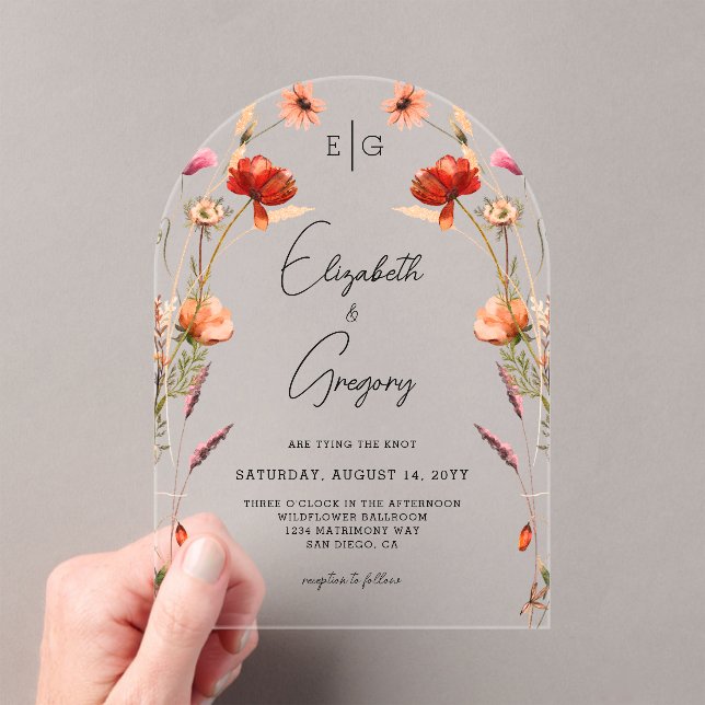 Peach Monogram Wildflower Wedding Acrylic Invitations (Insitu (Handheld))