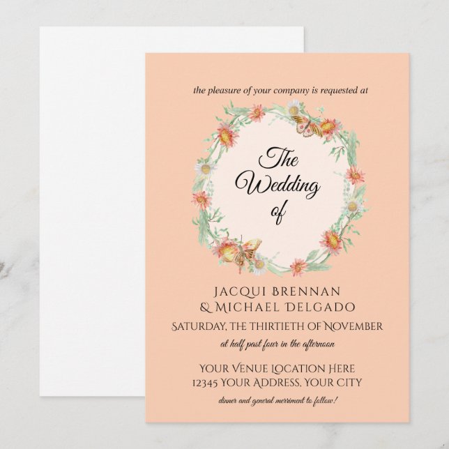 Peach n Mint Butterfly Floral Wreath Wedding Invitation (Front/Back)
