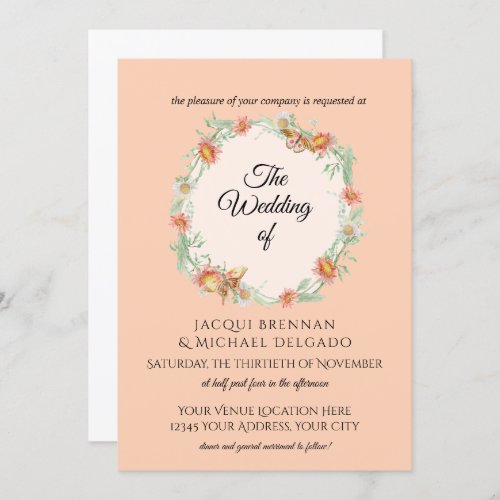 Peach n Mint Butterfly Floral Wreath Wedding Invitation