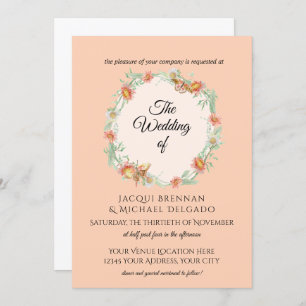 Peach n Mint Butterfly Floral Wreath Wedding Invitation