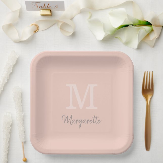 Peach Name and Initial Monogram Paper Plates (Wedding)