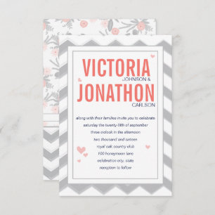 Peach Navy and Gray Zig Zag Typography Wedding Invitation