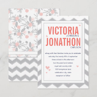 Peach Navy and Gray Zig Zag Typography Wedding Invitation