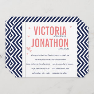 Peach Navy and Grey Zig Zag Typography Wedding Invitation