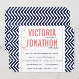 Peach Navy and Grey Zig Zag Typography Wedding Invitation