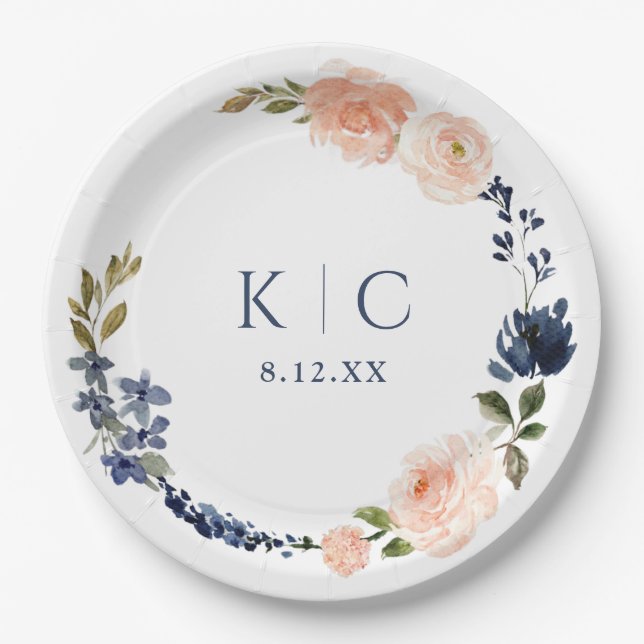 Peach & Navy Blue Botanical Garden Bridal Shower Paper Plates (Front)
