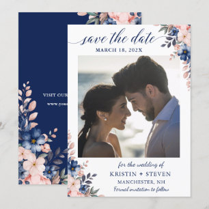 Peach Navy Blue Floral Photo Save The Date Card