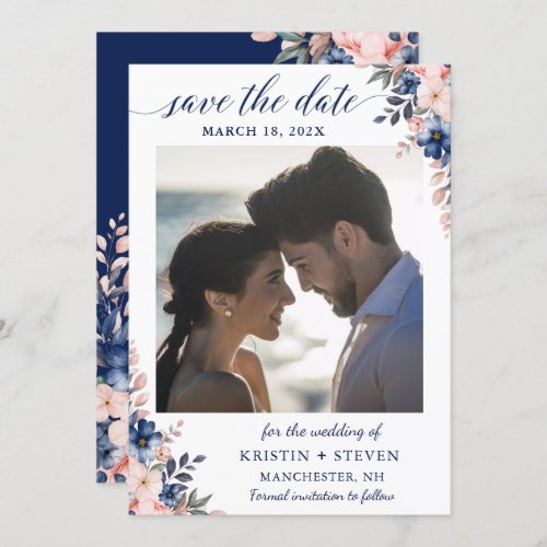 Peach Navy Blue Floral Photo Save The Date Card