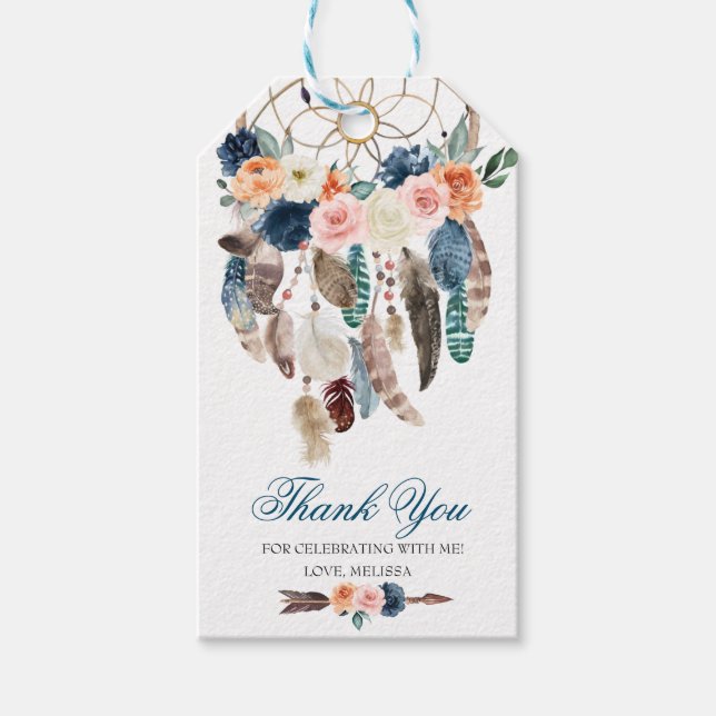 Peach Navy Boho Dreamcatcher Favor Tag (Front)