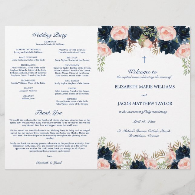 Peach Navy Catholic Mass Wedding Ceremony Program (Front)