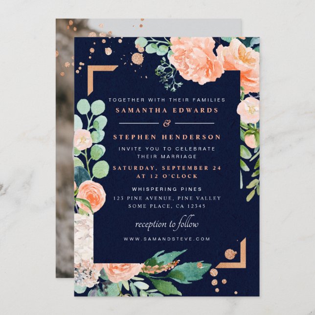 Peach Navy Copper Floral Watercolor Photo Wedding Invitation (Front/Back)