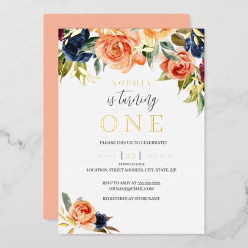 Peach Navy Floral Fall Autumn Girl 1st Birthday Foil Invitation