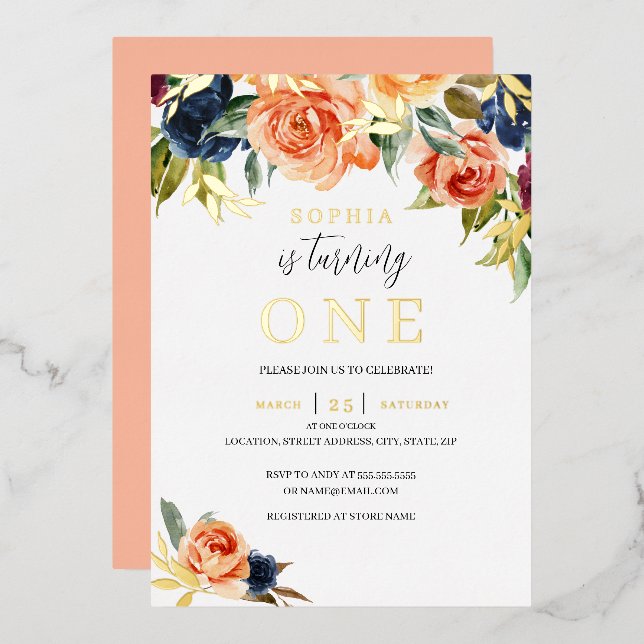 Peach Navy Floral Fall Autumn Girl 1st Birthday Foil Invitation (Front/Back)