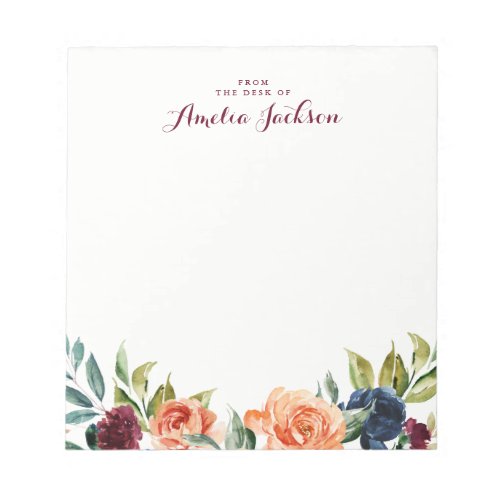 Peach Navy Floral Personalized Notepad Stationery