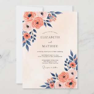 Peach Navy Graceful Spring Wedding Invitation