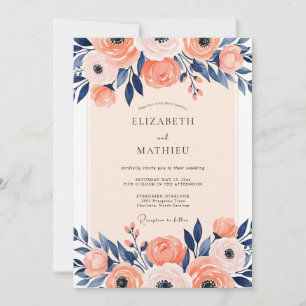 Peach Navy Illustrative Spring Wedding Invitation
