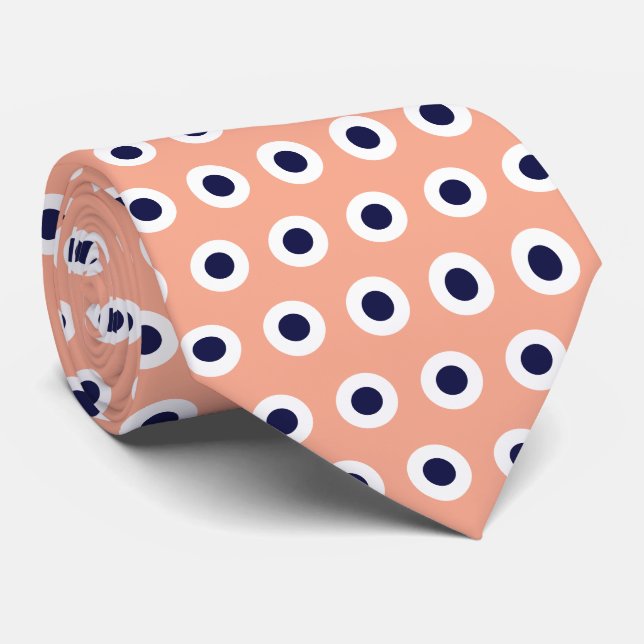Peach & Navy Polka Dot Geometric Pattern Circles Neck Tie (Rolled)
