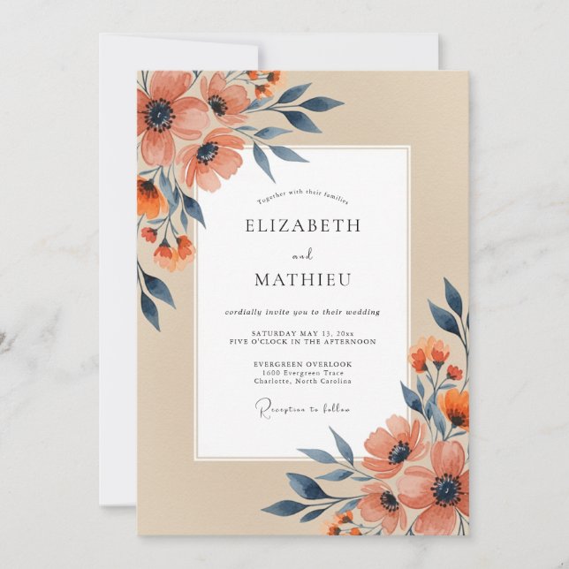 Peach Navy Refined Autumn Wedding Invitation (Front)