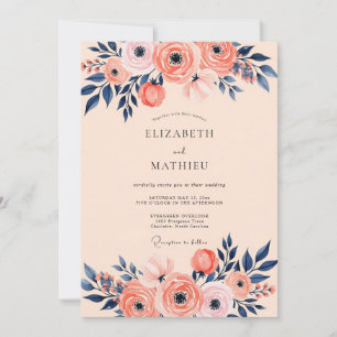 Peach Navy Romantic Spring Wedding Invitation
