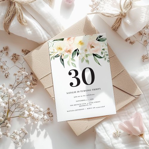 Peach navy watercolor floral 30th birthday party