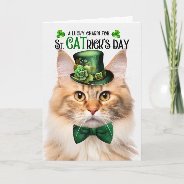 Peach Norwegian Forest Cat St CATrick's Day Holiday Card (Front)