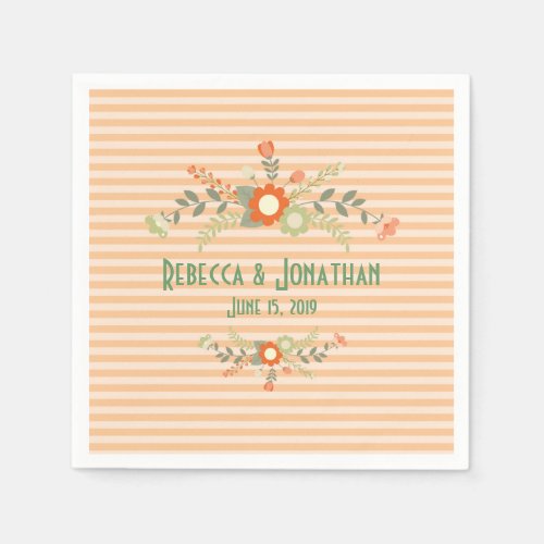 Peach  Olive Green Floral Wedding Personalized Napkins