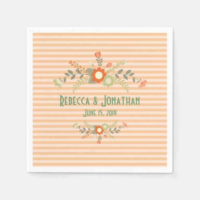 Peach & Olive Green Floral Wedding Personalized Napkins (Front)