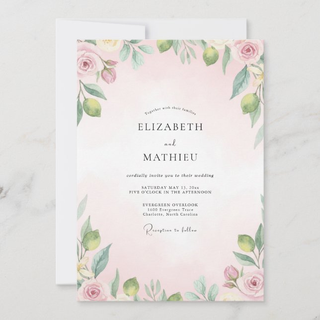 Peach Olive Leafy Wedding Invitation (Front)