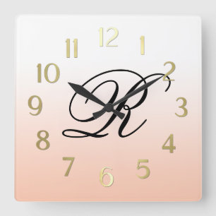 Peach Ombre Over Any Color with Monogram Square Wall Clock