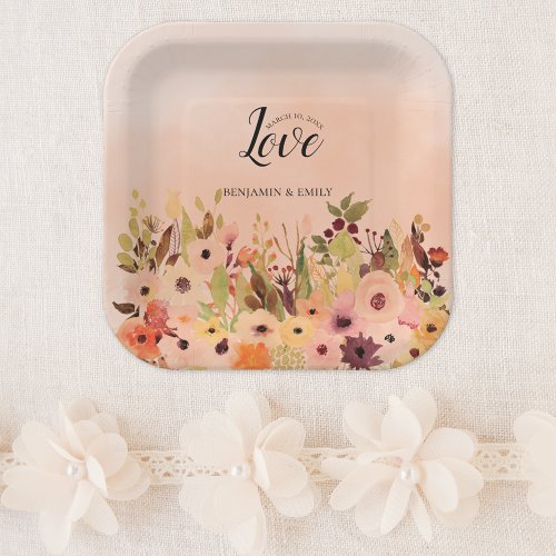 Peach Ombre Watercolor Floral Wedding Paper Plates