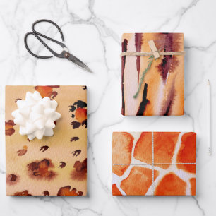 Peach Orange Animal Print Watercolor Wrapping Paper Sheets