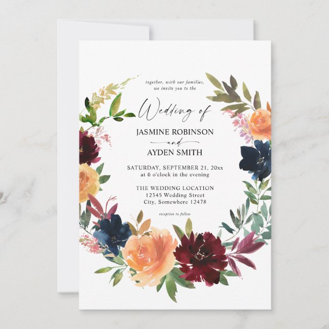 Peach Orange, Burgundy & Navy Fall Floral Wedding Invitation (Front)