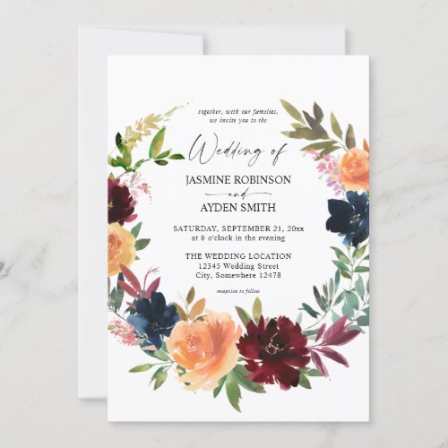 Peach Orange Burgundy  Navy Fall Floral Wedding Invitation