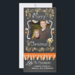 Peach/Orange Chalkboard Merry Christmas Photo Card<br><div class="desc">Merry Christmas holiday photo cards with a chalkboard look background, lots of peach swirls and text that reads Merry Christmas, a string of colorful tree lights in peach and orange, peach and orange hanging ornaments, and areas you can customize these beautiful and bright holiday photo cards with your photo and...</div>